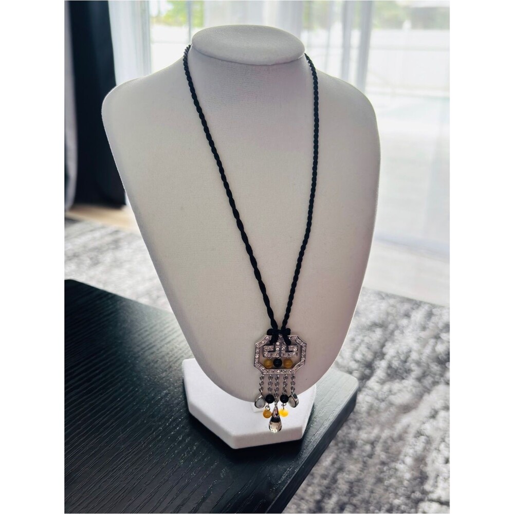 Art Deco Style Geometric Silver Tassel Pendant Necklace With Multi Gems
